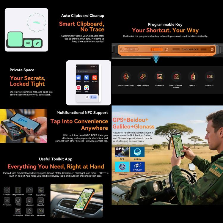 Blackview FORT 1, 6GB+256GB, 6,56 polegadas Android 15 Unisoc UMS9230E T615 Octa Core, Rede: 4G, OTG, NFC, 6GB+256GB