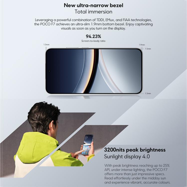 Xiaomi POCO F7 Global, 12GB+256GB, Leitor de Impressões Digitais no Ecrã, 6,83 polegadas Xiaomi HyperOS 2 Snapdragon 8s Gen 4 Octa Core, NFC, Rede: 5G, 12GB+256GB