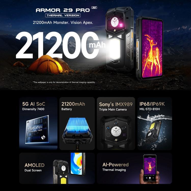 Ulefone Armor 29 Pro Versão Térmica Telemóvel Robusto, 16GB+512GB, Visão Noturna, 6,67 polegadas + 1,04 polegadas Android 15 MediaTek Dimensity 7400 Octa Core, Rede: 5G, OTG, NFC, Armor 29 Pro Versão Térmica