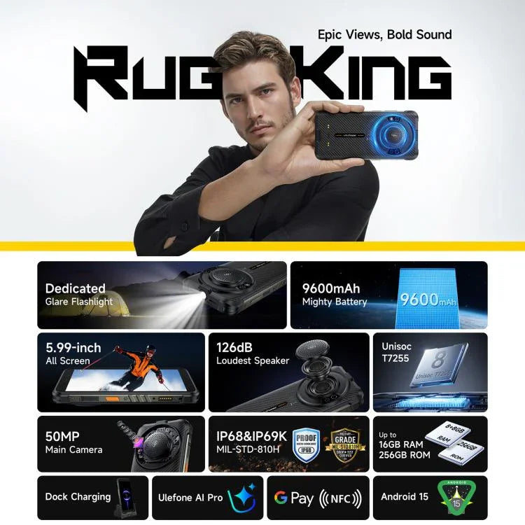 Ulefone RugKing, 8GB+256GB, Telemóvel Robusto IP68/IP69K, 5,99 polegadas Android 15 Unisoc T7255 Octa Core, Rede: 4G, NFC, OTG, RugKing, 8GB+256GB