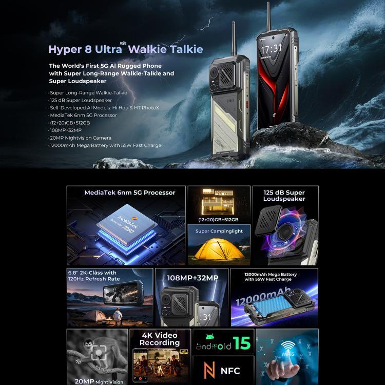 HOTWAV Hyper 8 Ultra Walkie-talkie Telemóvel Robusto, 12GB+512GB, 6,8 polegadas Android 15 MediaTek MT8791 Dimensity 7050 Octa Core, Rede: 5G, OTG, NFC, Hyper 8 Ultra