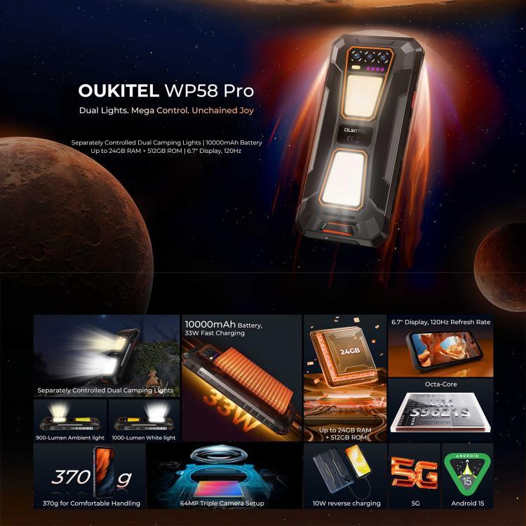 Telemóvel robusto Oukitel WP58 Pro, 8GB+512GB, identificação lateral por impressão digital, 6,7 polegadas Android 15 UMS9621S Octa Core, NFC, OTG, Rede: 5G, 8GB+512GB