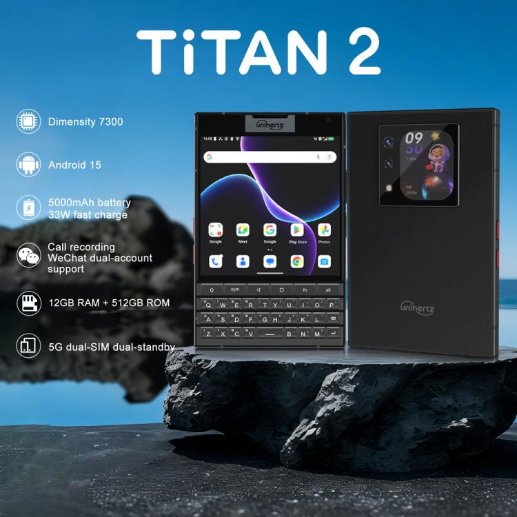 Unihertz Titan 2 Telemóvel com Teclado Físico QWERTY, 12GB+512GB, Impressão Digital, 4,5 polegadas + 2 polegadas Android 15 Dimensity 7300 5G Octa-Core, Rede: 5G, NFC, OTG