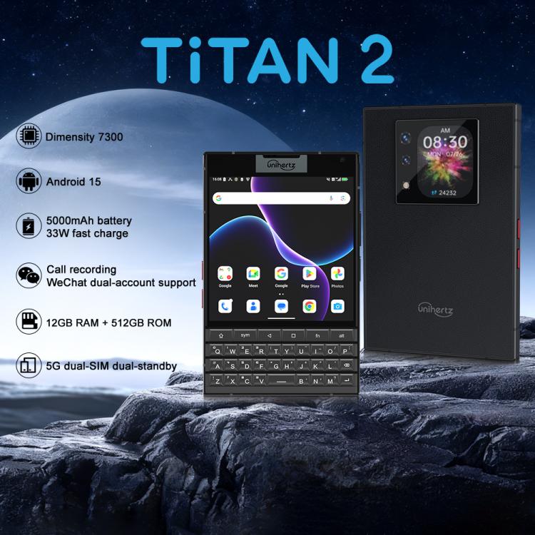 Unihertz Titan 2 Telemóvel com Teclado Físico QWERTY, 12GB+512GB, Impressão Digital, 4,5 polegadas + 2 polegadas Android 15 Dimensity 7300 5G Octa-Core, Rede: 5G, NFC, OTG