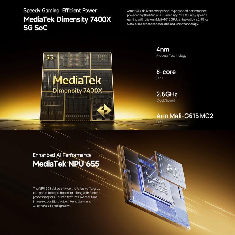 Ulefone Armor 34+, 16GB+512GB, Visão Noturna, Telemóvel robusto IP68/IP69K, 6,95 polegadas Android 15 MediaTek Dimensity 7400X Octa Core, Rede: 5G, NFC, OTG, Armor 34+