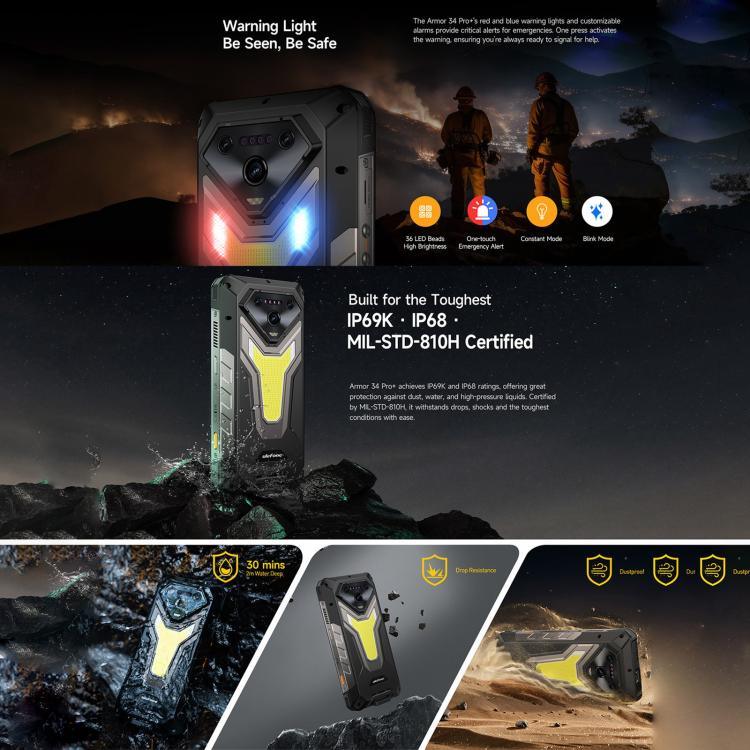 Ulefone Armor 34 Pro+ Projetor, 16GB+512GB, Visão Noturna, Telemóvel robusto IP68/IP69K, 6,95 polegadas Android 15 MediaTek Dimensity 7400X Octa Core, Rede: 5G, NFC, OTG, Armor 34 Pro+