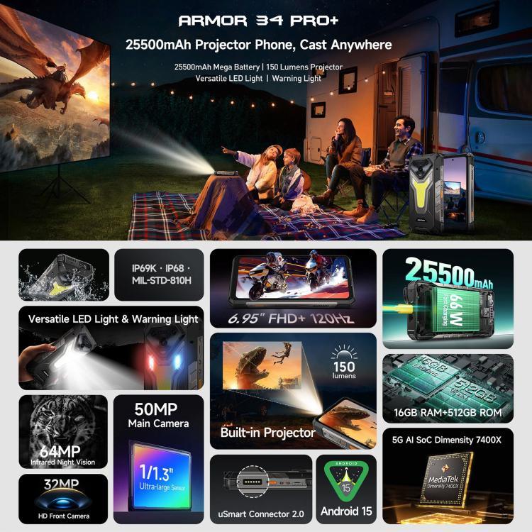 Ulefone Armor 34 Pro+ Projetor, 16GB+512GB, Visão Noturna, Telemóvel robusto IP68/IP69K, 6,95 polegadas Android 15 MediaTek Dimensity 7400X Octa Core, Rede: 5G, NFC, OTG, Armor 34 Pro+