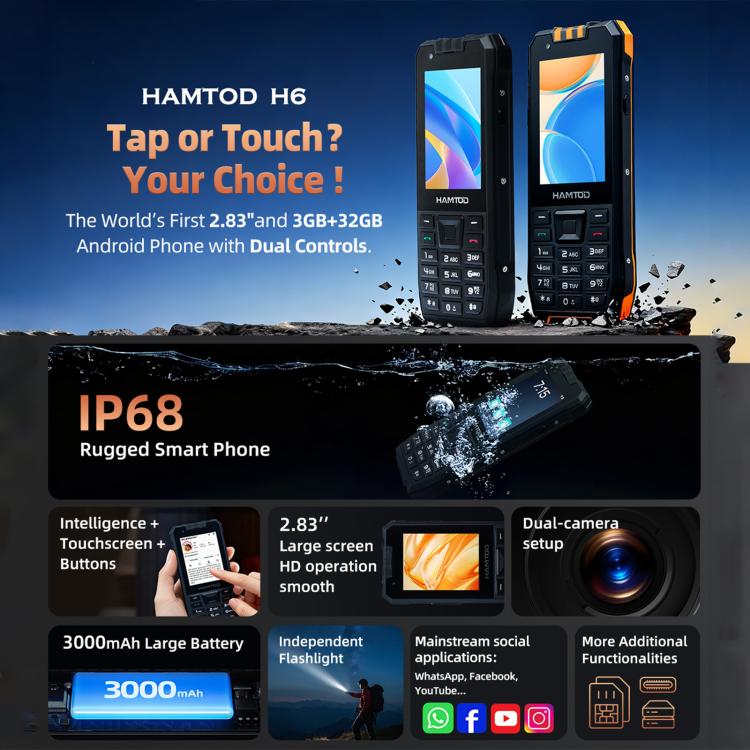 Telefone Resistente HAMTOD H6, 3GB+32GB, 2,83 polegadas Android 11 UNISOC SC9832E Quad-core, Rede: 4G, VoLTE, SOS