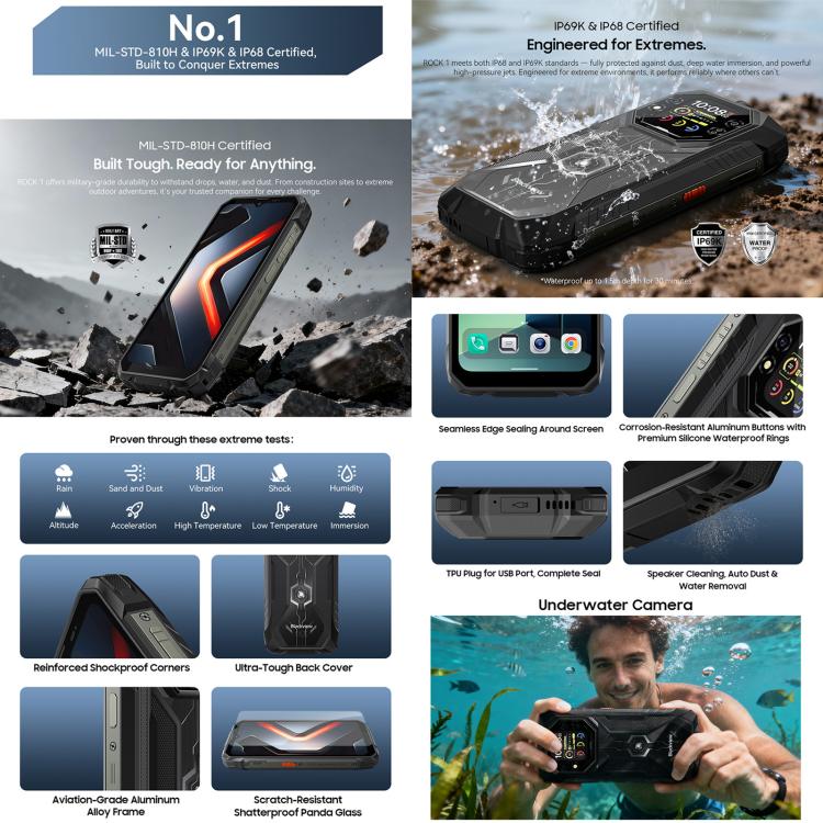Blackview ROCK 1 Telemóvel Robusto, 8GB+256GB, 6,56 polegadas Android 16 MT6769V/CB Helio G81 Octa Core, Rede: 4G, OTG, NFC, ROCK 1 8GB+256GB