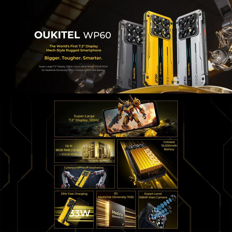 Telefone Robusto Oukitel WP60, 12GB+512GB, Visão Noturna, Câmara 108MP, Impressão Digital Lateral, 7,2 polegadas Android 15 MediaTek Dimensity 7025 Octa Core, NFC, OTG, Rede: 5G, 12GB+512GB