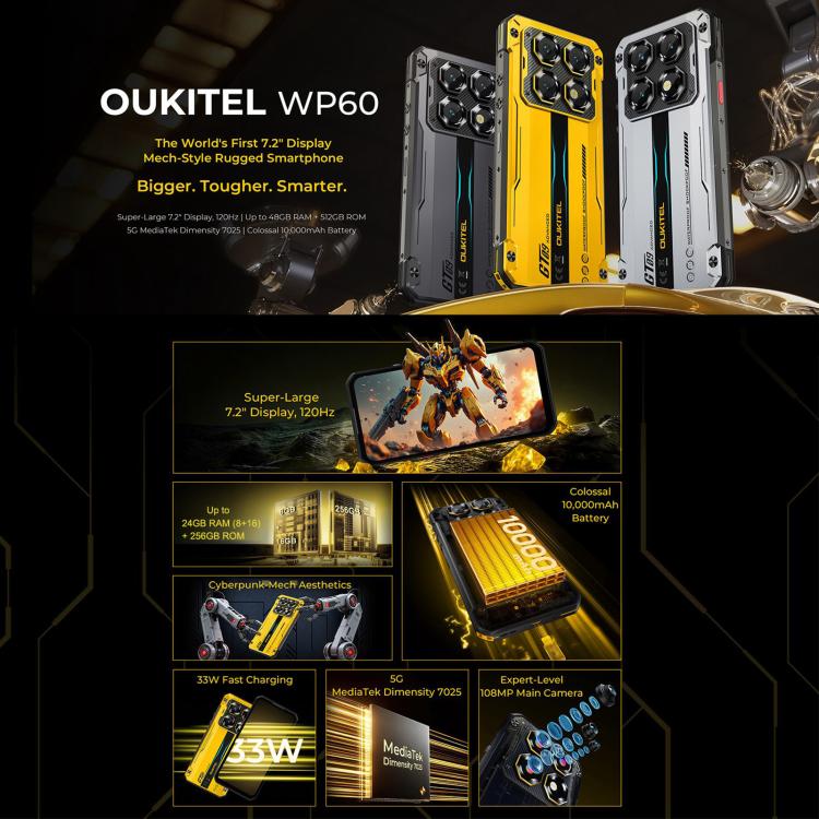Telefone Robusto Oukitel WP60, 8GB+256GB, Visão Noturna, Câmara 108MP, Impressão Digital Lateral, 7,2 polegadas Android 15 MediaTek Dimensity 7025 Octa Core, NFC, OTG, Rede: 5G, 8GB+256GB