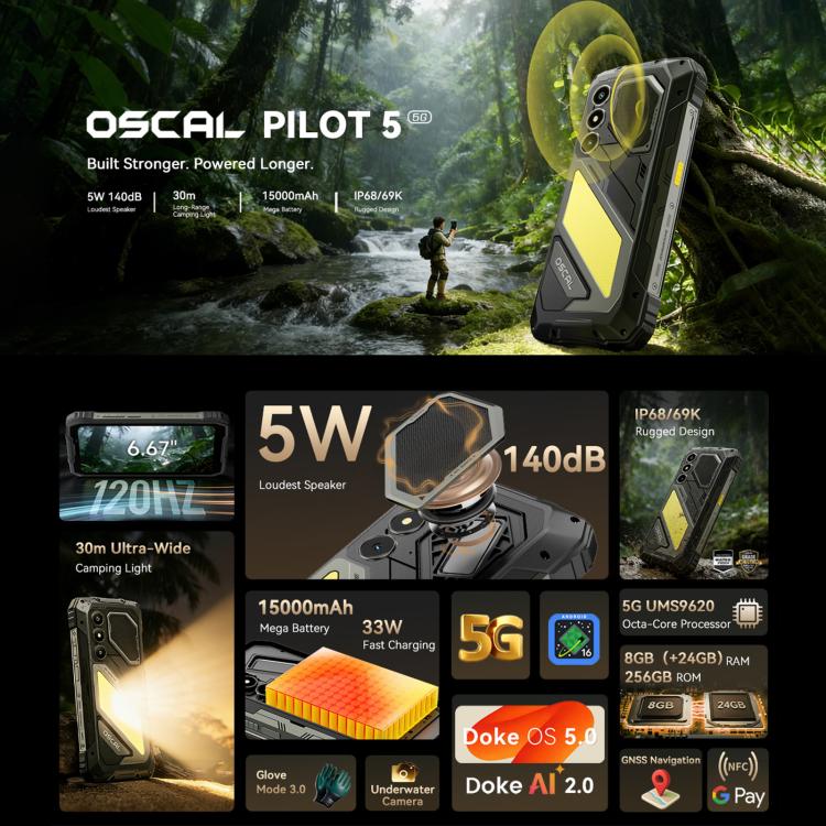Blackview Oscal Pilot 5 Telemóvel Robusto 5G, 8GB+256GB, 6,67 polegadas Android 16 UMS9620 T8100 Octa Core, Rede: 5G, OTG, NFC