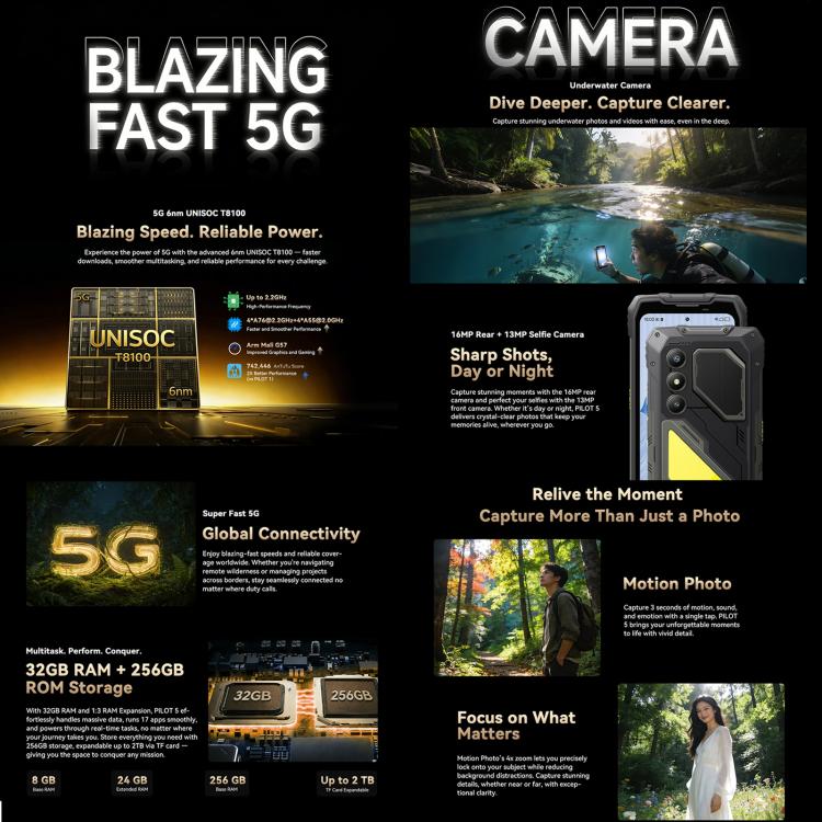 Blackview Oscal Pilot 5 Telemóvel Robusto 5G, 8GB+256GB, 6,67 polegadas Android 16 UMS9620 T8100 Octa Core, Rede: 5G, OTG, NFC