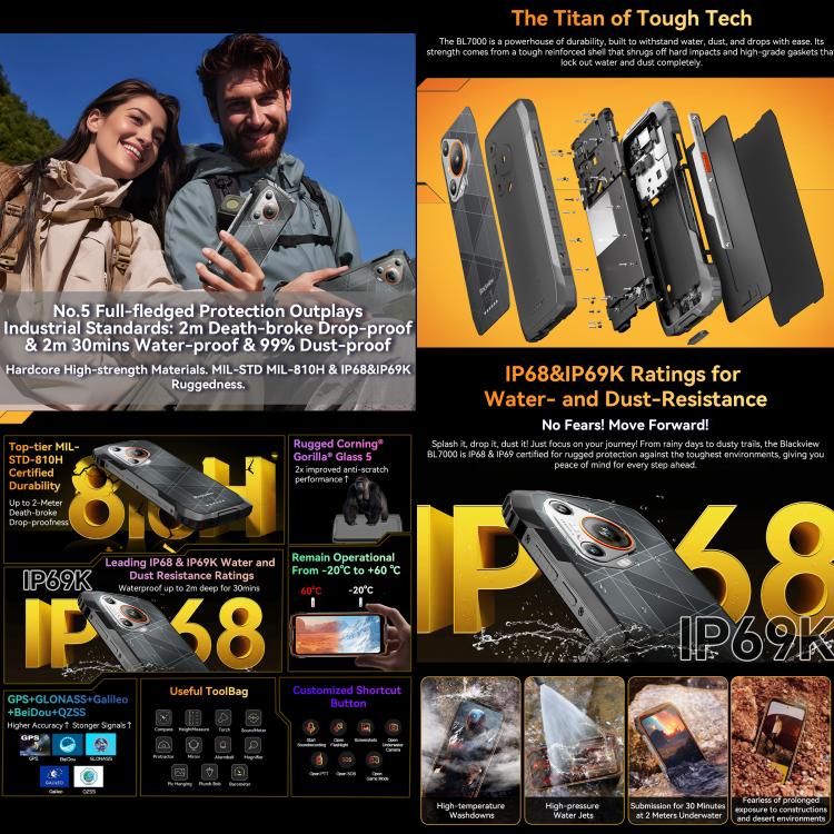 Blackview BL7000 Telemóvel Robusto, 8GB+512GB, 6,78 polegadas Android 15 MediaTek Dimensity 6300 Octa Core, Rede: 5G, NFC, OTG, 8GB+512GB