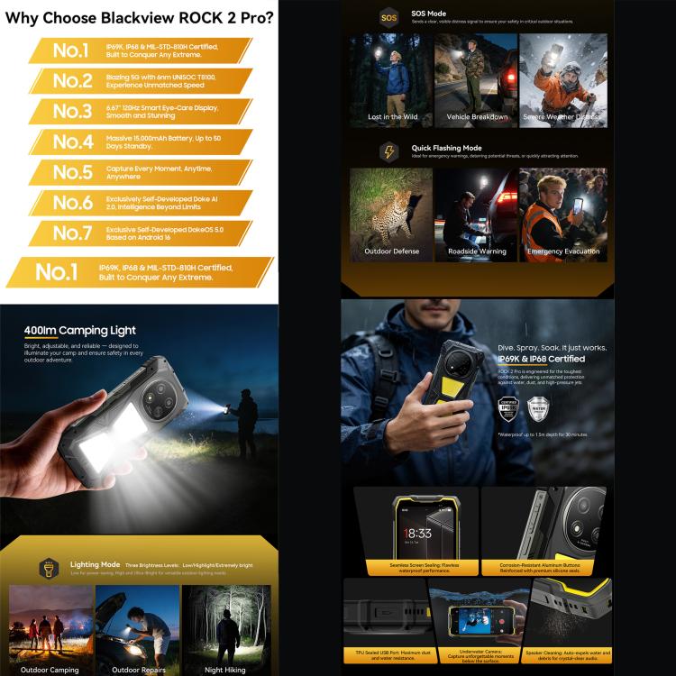 Blackview ROCK 2 Pro Telemóvel Robusto, 8GB+256GB, 6,67 polegadas Android 16 Unisoc UMS9620 T8100 Octa Core, Rede: 5G, OTG, NFC