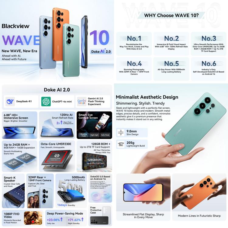 Blackview WAVE 10, 8GB+256GB, 6,88 polegadas Android 16 Unisoc UMS9230E Octa Core, Rede: 4G, OTG, WAVE 10, 8GB+128GB