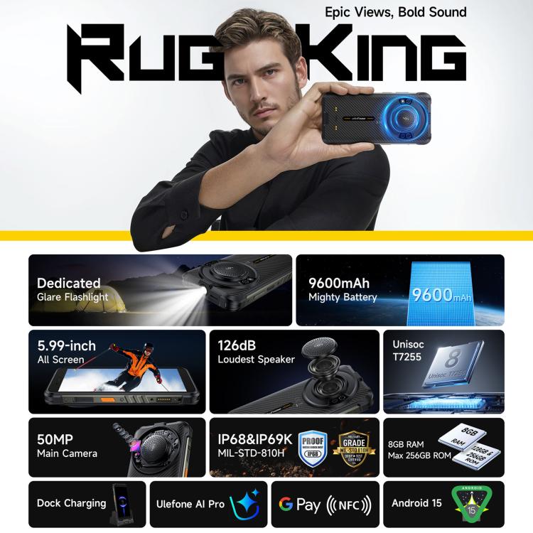Ulefone RugKing, 8GB+128GB, Telemóvel robusto IP68/IP69K, 5.99 polegadas Android 15 Unisoc T7255 Octa Core, Rede: 4G, NFC, OTG, RugKing, 8GB+128GB