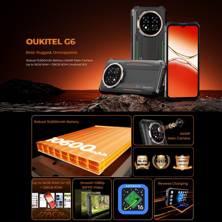 Telefone robusto Oukitel G6, 4GB+128GB, Identificação por impressão digital, Bateria de 10600mAh, 6,52 polegadas Android 16.0 Unisoc T615 Octa Core, NFC, OTG, Rede: 4G, 4GB+128GB