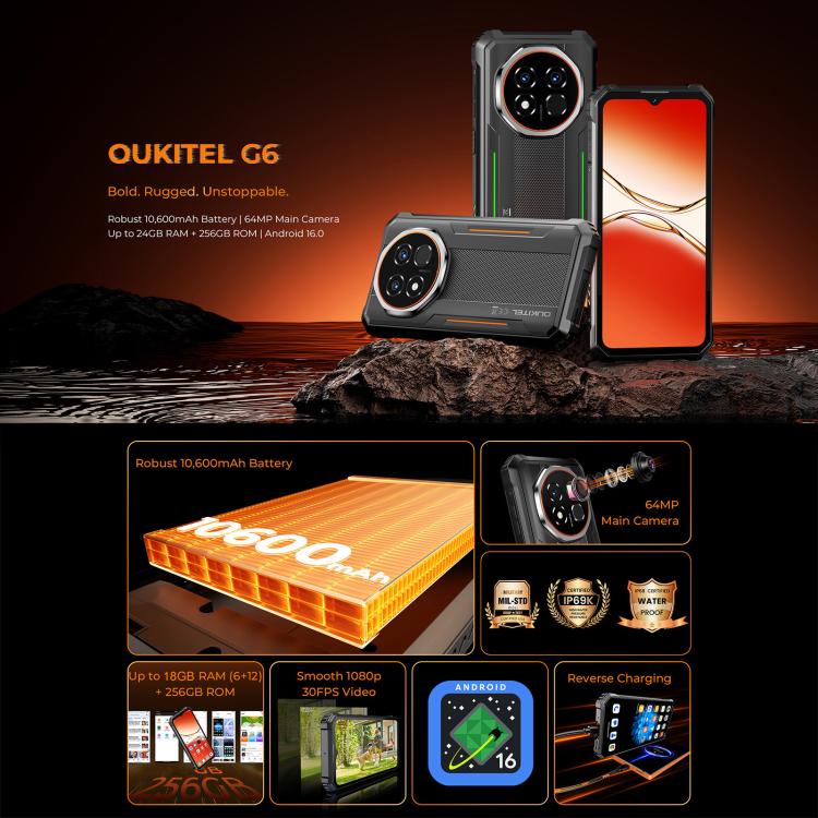 Telefone robusto Oukitel G6, 8GB+256GB, Identificação por impressão digital, Bateria de 10600mAh, 6,52 polegadas Android 16.0 Unisoc T615 Octa Core, NFC, OTG, Rede: 4G, 6GB+256GB