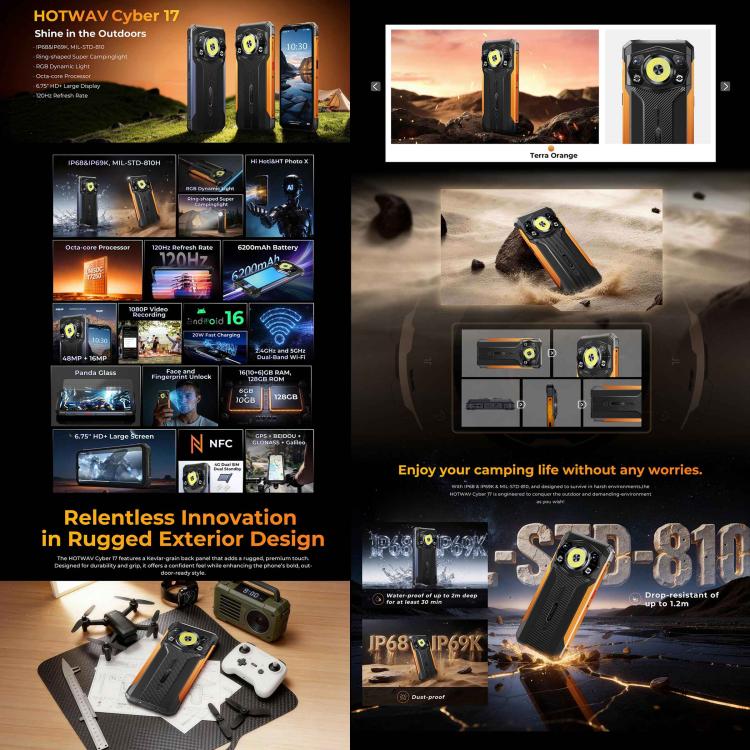HOTWAV Cyber 17 Rugged Phone, 6GB+128GB, 6.75 inch Android 16 Unisoc T7250 UMS9230E Octa Core, Network: 4G, NFC, OTG, Cyber 17