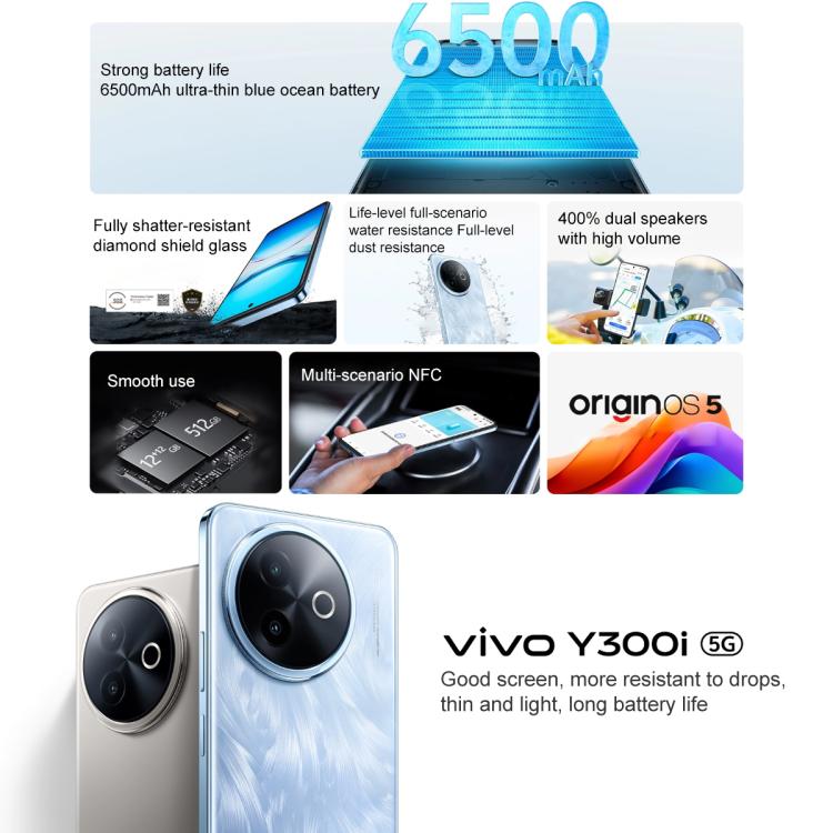 vivo Y300i, 12GB+512GB, Face ID / Impressão Digital Lateral, 6,68 polegadas Android 15 OriginOS 5 Snapdragon 4 Gen 2 Octa Core, OTG, NFC, Rede: 5G, 12GB+512GB