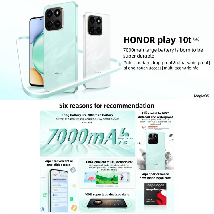 Honor Play10T, 8GB+128GB, Leitor de Impressões Digitais Lateral, 6,8 polegadas Android 15 Magic OS 9.0 Snapdragon 6s Gen 3 Octa Core, Rede: 5G, 8GB+128GB