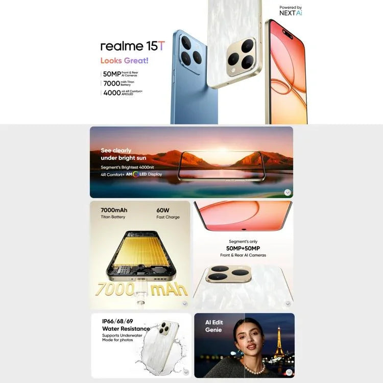 Realme 15T, 8GB+128GB, Identificação por Impressão Digital no Ecrã, 6,57 polegadas Realme UI 6.0 Android 15 MediaTek Dimensity 6400 Max Octa Core, NFC, Rede: 5G, 8GB+128GB