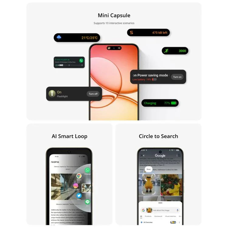 Realme 15T, 12GB+256GB, Identificação por Impressão Digital no Ecrã, 6,57 polegadas Realme UI 6.0 Android 15 MediaTek Dimensity 6400 Max Octa Core, NFC, Rede: 5G, 12GB+256GB