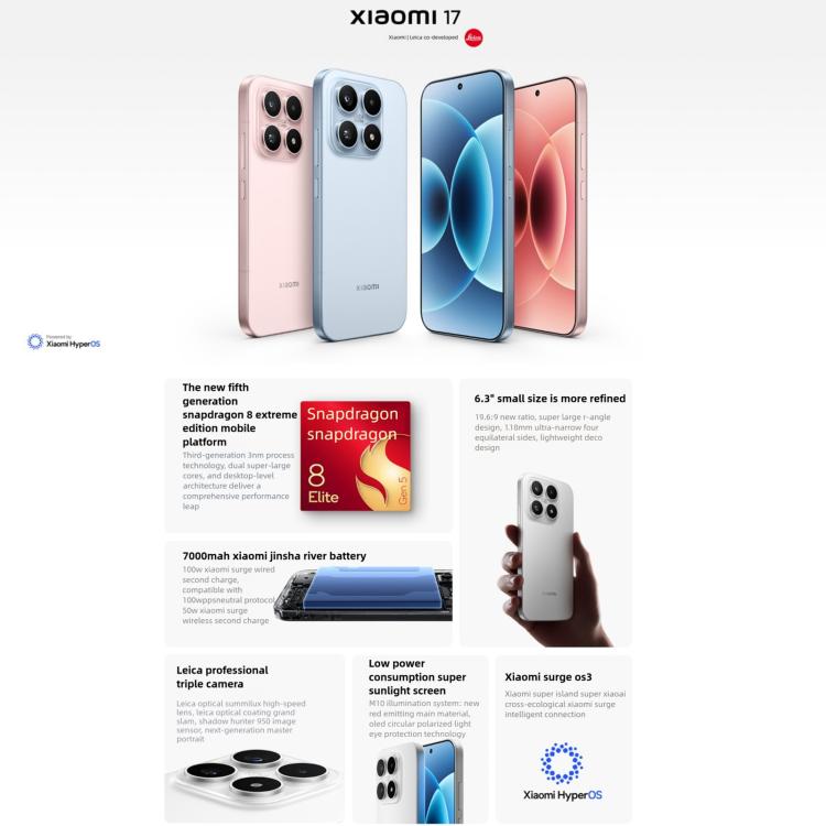 Xiaomi 17, 12GB+512GB, Impressão Digital Ultrassónica 3D, 6,3 polegadas Xiaomi HyperOS 3 Snapdragon 8 Elite Gen 5 Octa Core, NFC, Rede: 5G, 12GB+512GB