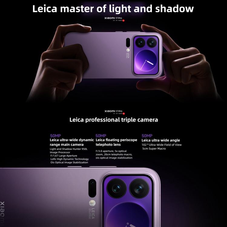 Xiaomi 17 Pro, 16GB+512GB, Impressão Digital Ultrassónica 3D, 6,3 polegadas Xiaomi HyperOS 3 Snapdragon 8 Elite Gen 5 Octa Core, NFC, Rede: 5G, 16GB+512GB