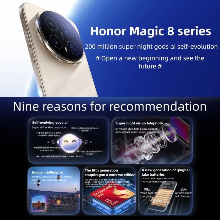 Honor Magic8, 12GB+512GB, Leitor de Impressões Digitais no Ecrã, 6,58 polegadas MagicOS 10.0 / Android 16 Snapdragon 8 Elite Gen 5 Octa Core, Rede: 5G, NFC, OTG, 12GB+512GB