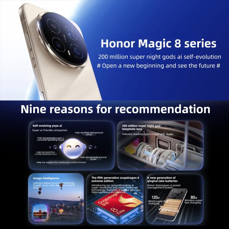 Honor Magic8 Pro, 12GB+256GB, Leitor de Impressões Digitais no Ecrã, 6,71 polegadas MagicOS 10.0 / Android 16 Snapdragon 8 Elite Gen 5 Octa Core, Rede: 5G, NFC, OTG, 12GB+256GB