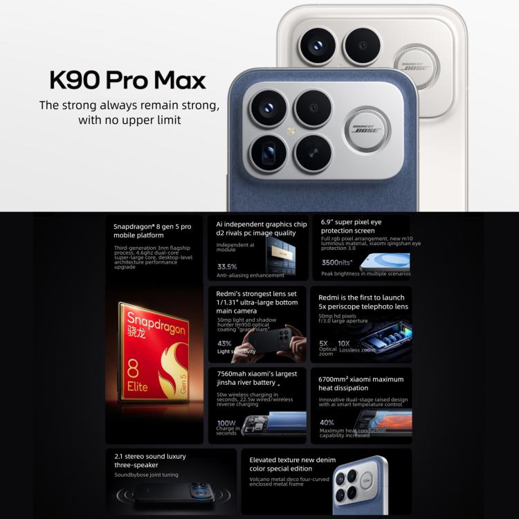 Xiaomi Redmi K90 Pro Max, 12GB+256GB, 6,9 polegadas Xiaomi HyperOS 3 Snapdragon 8 Elite Gen 5 Octa Core, NFC, Rede: 5G, 12GB+256GB