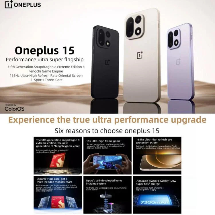 OnePlus 15, 16GB+512GB, Identificação de Impressão Digital no Ecrã, 6,78 polegadas ColorOS 16.0 Snapdragon 8 Elite Gen 5 Octa Core, NFC, Rede: 5G, 16GB+512GB