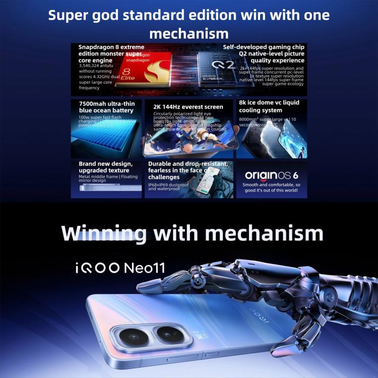 vivo iQOO Neo11, 16GB+256GB, Reconhecimento Facial / Identificação por Impressão Digital no Ecrã, 6,82 polegadas Android 16 OriginOS 6 Snapdragon 8 Elite Octa Core, OTG, NFC, Rede: 5G, iQOO Neo11, 16GB+256GB
