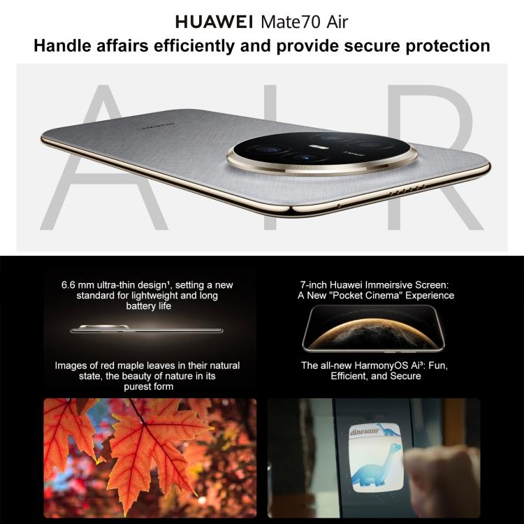 HUAWEI Mate 70 Air, 16GB+512GB, Identificação por Impressão Digital Lateral, 7 polegadas HarmonyOS 5.1 Kirin 9020B, NFC, OTG, Sem Suporte Google Play, 16GB+512GB