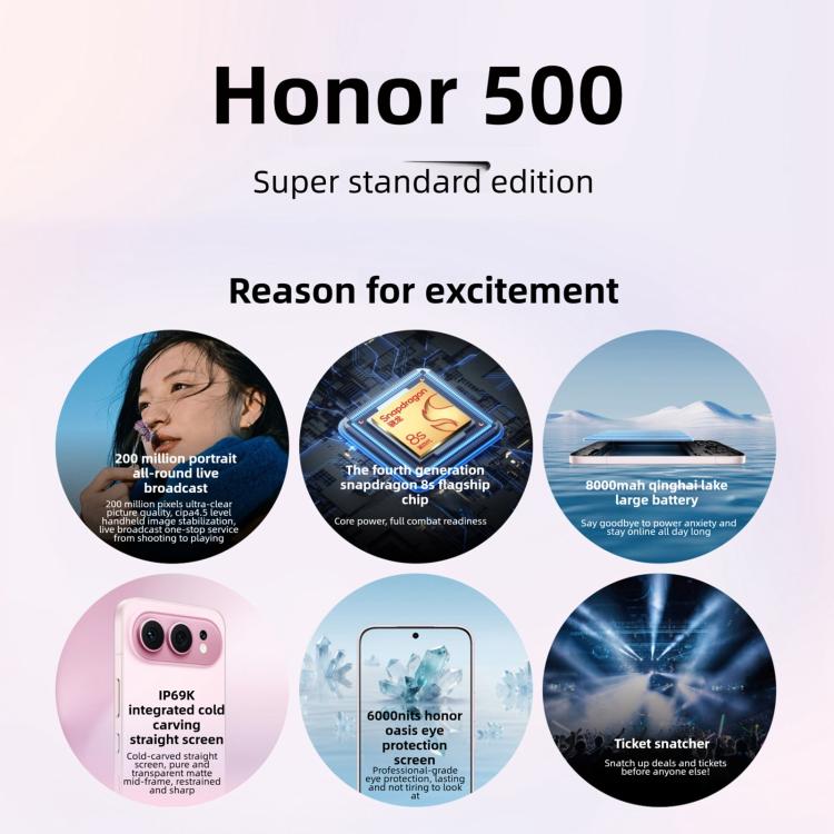 Honor 500, 12GB+512GB, Impressão digital no ecrã, 6,55 polegadas MagicOS 10.0 / Android 16 Snapdragon 8s Gen 4 Octa Core, Rede: 5G, NFC, OTG, Honor 500, 12GB+512GB