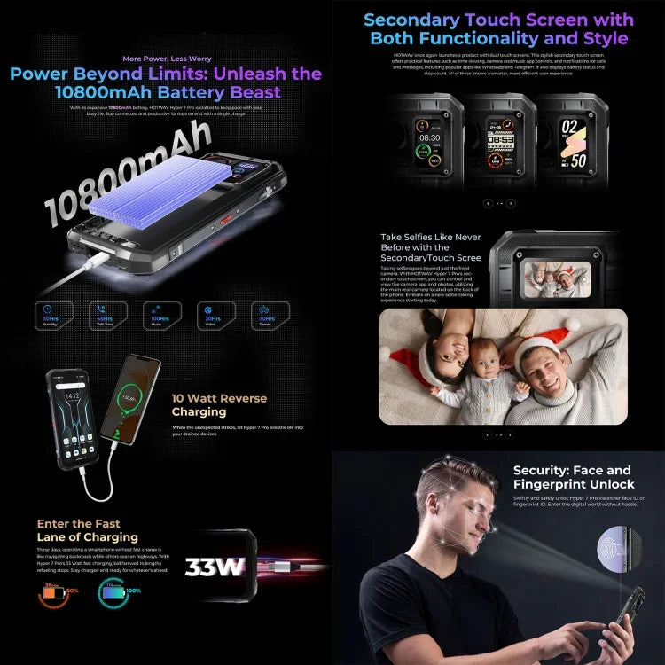 HOTWAV Hyper 7 Pro Telemóvel Robusto, 16GB+256GB, 10800mAh, 6,6 polegadas Android 14 MediaTek Dimensity 7050 5G, Rede: 5G, OTG, NFC