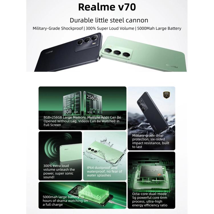 Realme V70, 8GB+256GB, Realme UI 6.0 Android 15 Dimensity 6300 5G Octa Core de 6,67 polegadas, Rede: 5G, 8GB+256GB