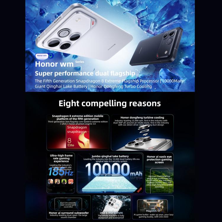 Honor WIN, 12GB+512GB, impressão digital ultrassónica 3D, bateria de 10000mAh, 6,83 polegadas MagicOS 10.0 / Android 16 Snapdragon 8 Elite Gen 5 Octa Core, Rede: 5G, NFC, OTG, 12GB+512GB