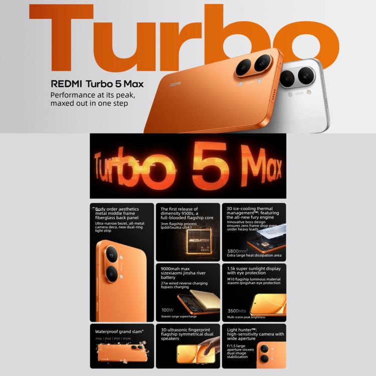 Xiaomi REDMI Turbo 5 Max, 16GB+256GB, 6.83 polegadas Xiaomi HyperOS 3 Dimensity 9500s Octa Core, NFC, Rede: 5G, 16GB+256GB