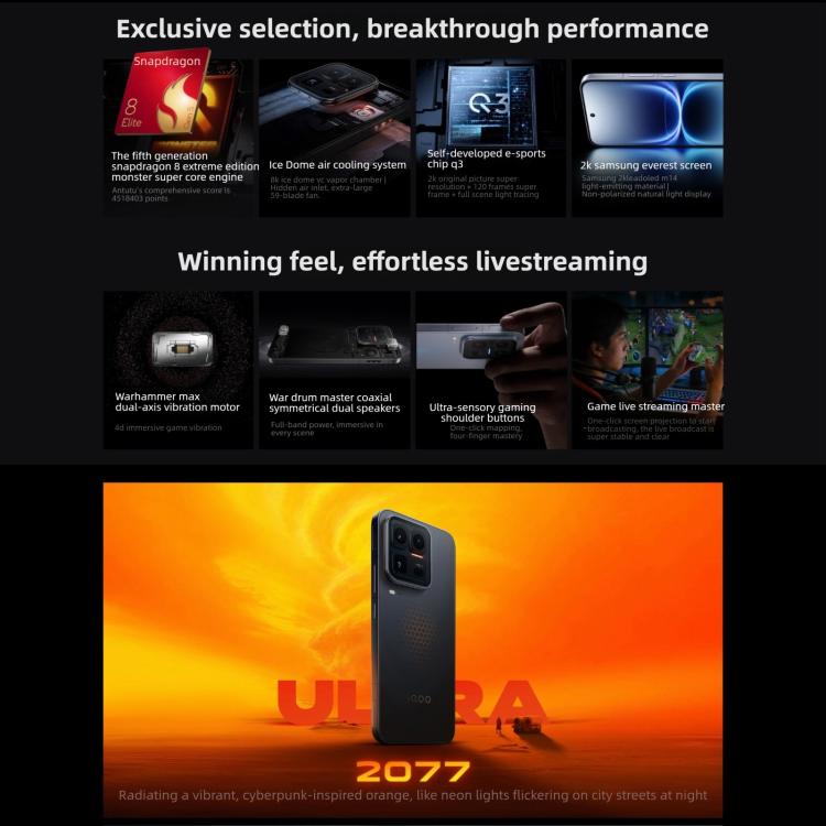 vivo iQOO 15 Ultra, 24GB+1TB, Impressão Digital 3D Ultrassónica, 6,85 polegadas Android 16 OriginOS 6 Snapdragon 8 Elite Gen 5 Octa Core, OTG, NFC, Rede: 5G, Suporte Google Play, 24GB+1TB