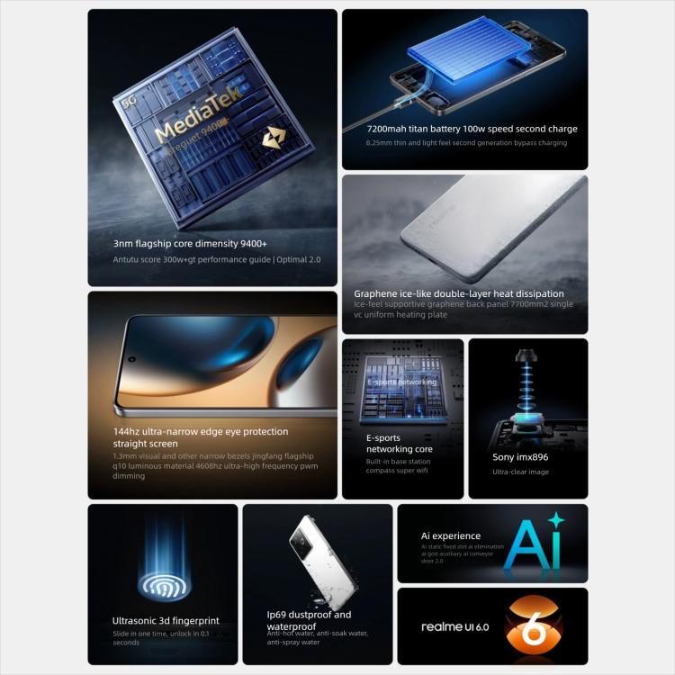 Realme GT7, 16GB+512GB, 6,8 polegadas Android 15 / Realme UI 6.0 MediaTek Dimensity 9400+ Octa Core, NFC, Rede: 5G, Suporta Google Play, 16GB+512GB