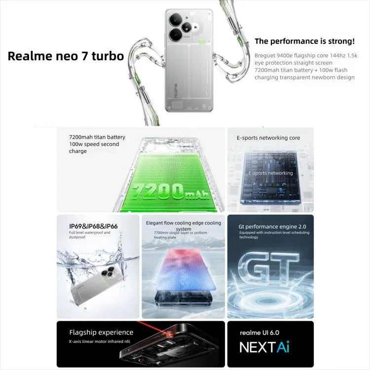 Realme Neo7 Turbo, 12GB+256GB, 6,8 polegadas Android 15 / Realme UI 6.0 MediaTek Dimensity 9400e Octa Core, NFC, Rede: 5G, Suporta Google Play, 12GB+256GB