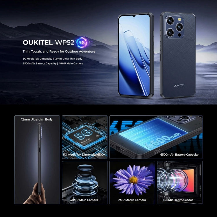 Oukitel WP52 5G Telemóvel Robusto, 4GB+256GB, 6,6 polegadas Android 14.0 MediaTek Dimensity 6100+ Octa-core 3.0GHz, NFC, OTG, Rede: 5G, WP52