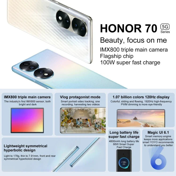 Três Câmaras Traseiras, Identificação de Impressão Digital no Ecrã, 6.67 polegadas Magic UI 6.1 Qualcomm Snapdragon 778G Plus Octa Core até 2.5GHz, Rede: 5G, OTG, NFC, Não Suporta Google Play, Honor 70 5G 12GB+512GB