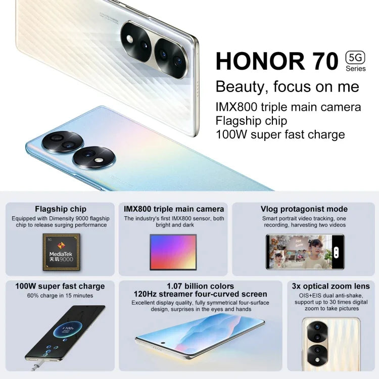 Três Câmaras Traseiras, Identificação de Impressão Digital no Ecrã, 6.78 polegadas Magic UI 6.1 Dimensity 9000 Octa Core até 3.05GHz, Rede: 5G, OTG, NFC, Não Suporta Google Play, Honor 70 Pro+ 5G 8GB+256GB