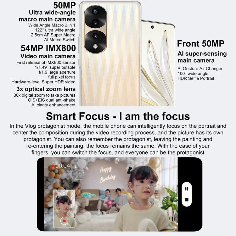 Três Câmaras Traseiras, Identificação de Impressão Digital no Ecrã, 6.78 polegadas Magic UI 6.1 Dimensity 9000 Octa Core até 3.05GHz, Rede: 5G, OTG, NFC, Não Suporta Google Play, Honor 70 Pro+ 5G 12GB+256GB