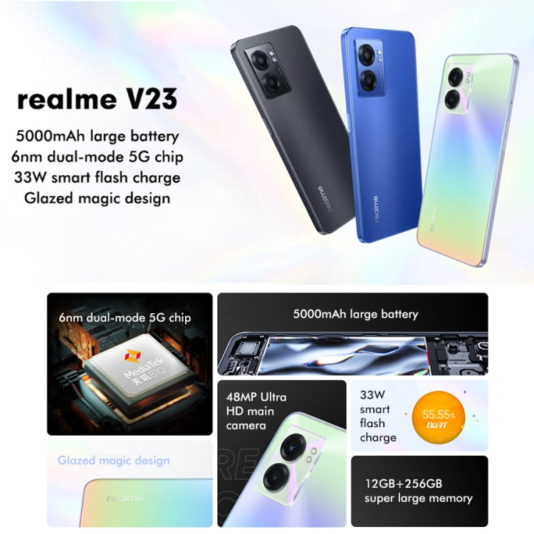 Duas Câmaras Traseiras, Identificação de Impressão Digital Lateral, Bateria de 5000mAh, 6.58 polegadas Realme UI 3.0 / Android 12 MediaTek Dimensity 810 Octa Core até 2.4GHz, Rede: 5G, Suporte Google Play, 12GB+256GB