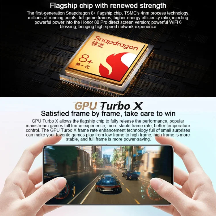 Câmaras Triplas Traseiras, Identificação por Impressão Digital no Ecrã, 6,67 polegadas Magic UI 7.0 Qualcomm Snapdragon 8+ Gen1 Octa Core até 3,0GHz, Rede: 5G, OTG, NFC, Não Suporta Google Play, Honor 80 Pro Flat 5G, 12GB+256GB